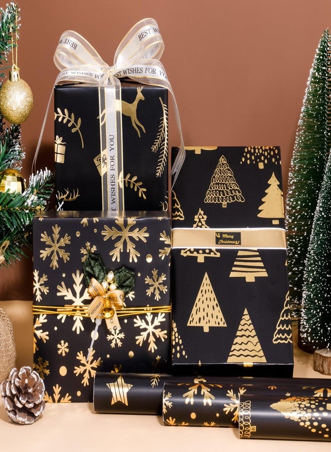 Toptime Christmas Wrapping Paper Roll, 17In x120In Black Gold Gift Wrapping Paper with Gift Bows Stickers, Metallic Foil Wrapping Paper w/Snowflake Christmas Tree Reindeer Design for Holiday New Year - Image 4